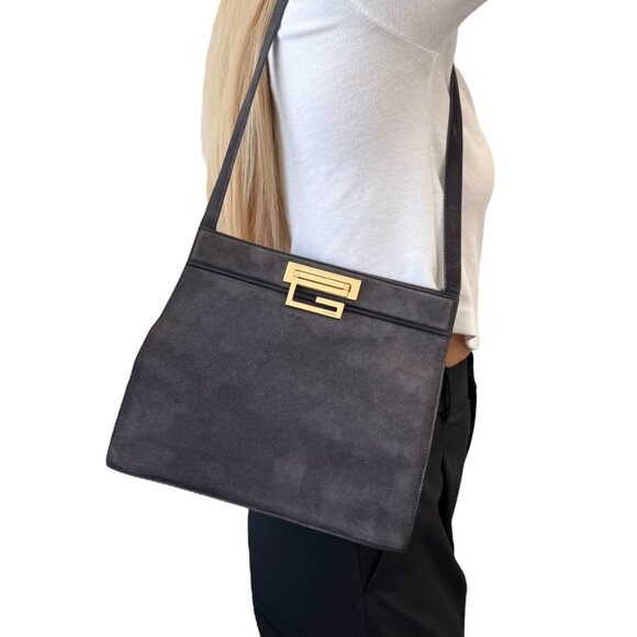 Gucci Handbags - GUCCI Vintage G Square Logo Shoulder Bag Handbag Black Gold Suede [105633]
